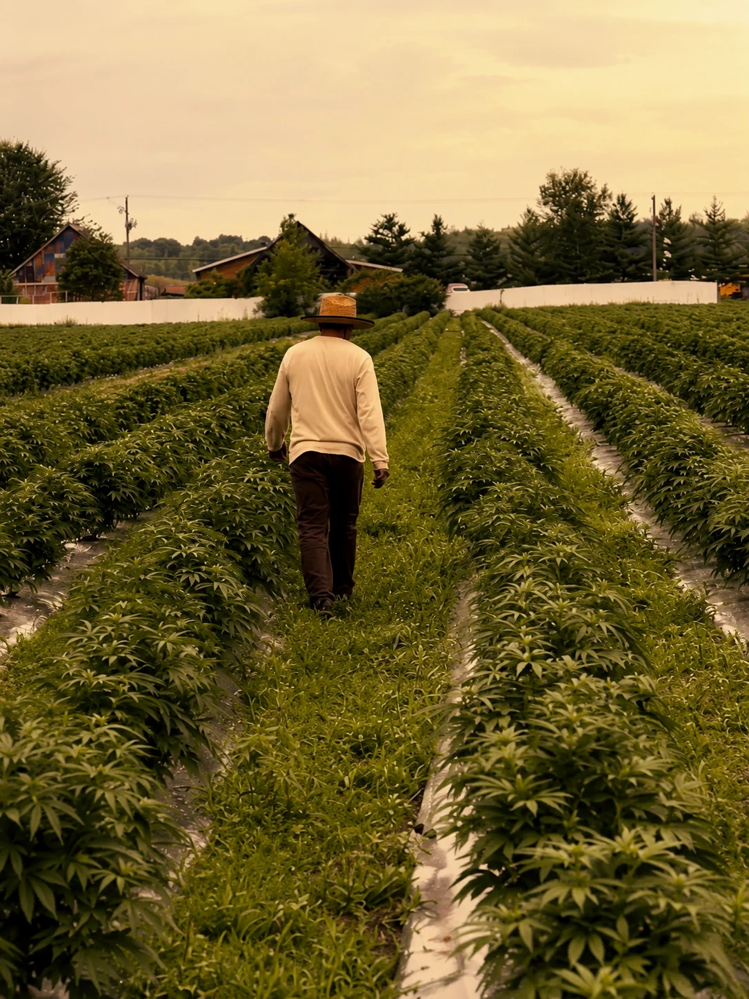 Une personne au chapeau de paille marche entre les rangs de chanvre