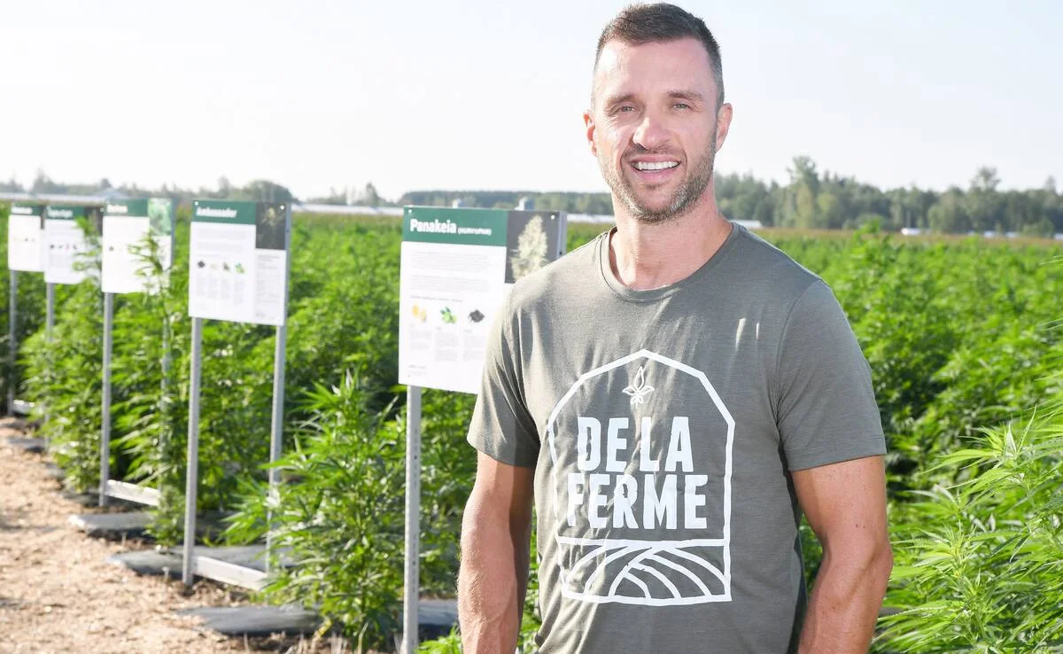 Dany dans un champ de chanvre devant des panneaux d’interprétation